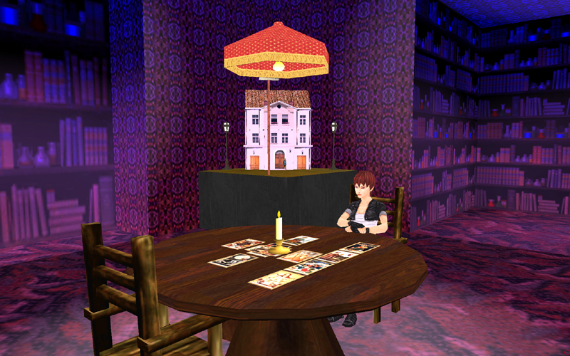 Snapshot from game showing character sitting at table.